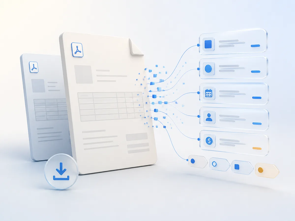 A PDF becoming an enriched downloadable document with structured metadata and organized tags