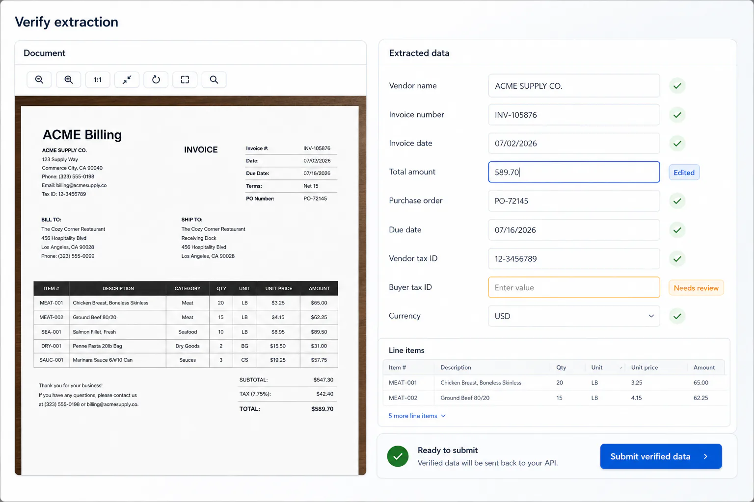 Document verification interface with an invoice next to editable extracted fields